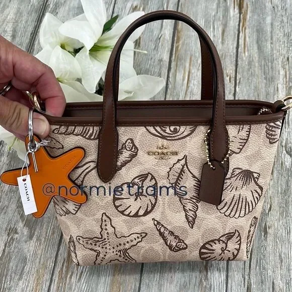 City Mini Tote Bag In Signature Canvas With Shell Print Crossbody Purse Beach